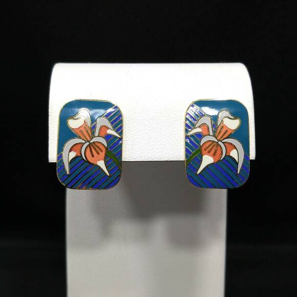 Laurel Burch Gold Plate "Iris" Teal Blue & Orange Enamel Cloisonne, 1980s - Picture 5 of 7